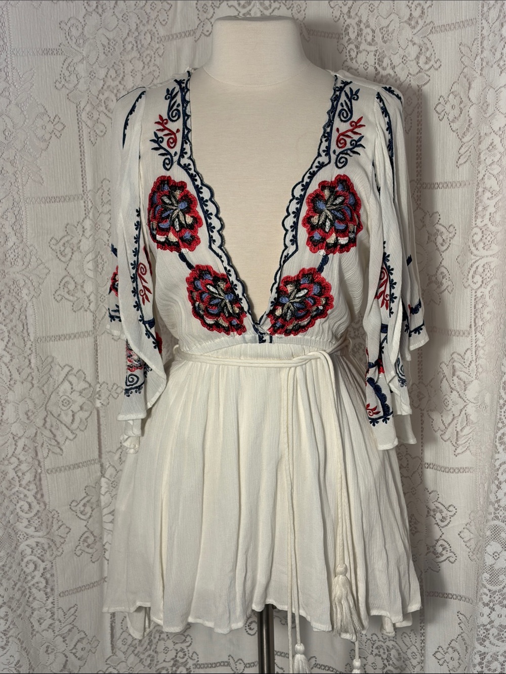 Free People White Mini Dress with Red & Navy Embroidery